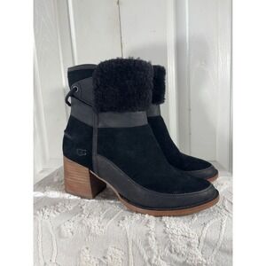 UGG Black Suede Leather Shearling Cuff Heeled Boots Ankle Booties‎